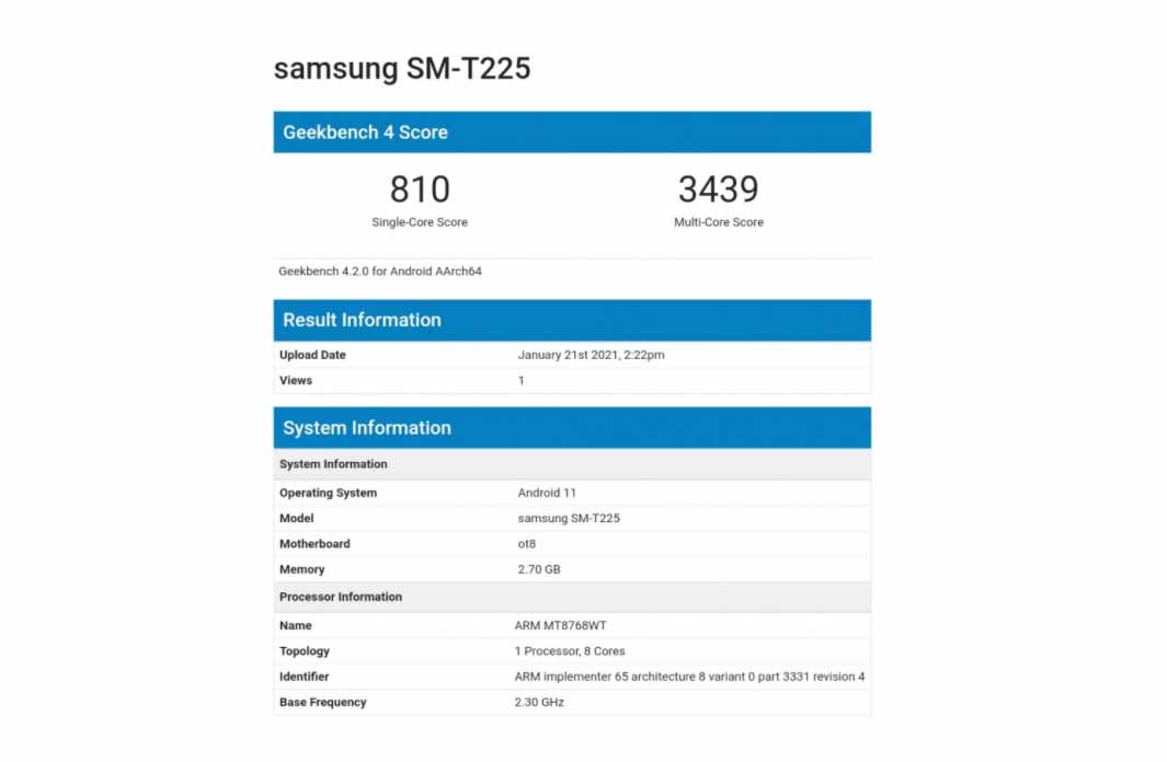 Samsung Galaxy Tab รุ่นใหม่ (Samsung Galaxy Tab A7 Lite) ผ่านการรับรองจาก FCC , Geekbench และ TUV Rheinland แล้ว