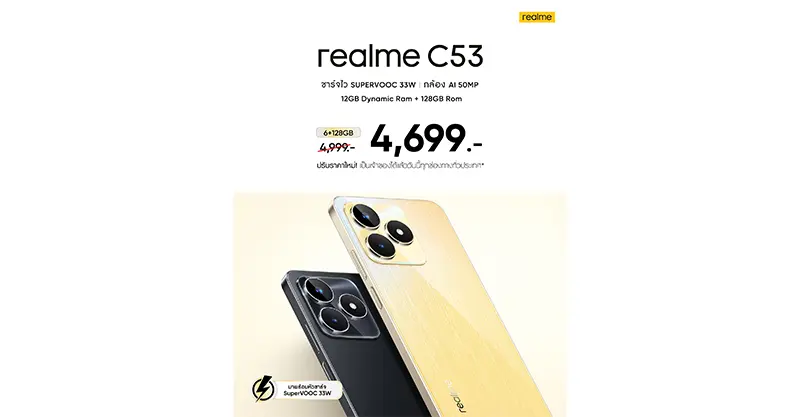 Realme ปรับลดราคาสมาร์ทโฟน Realme C53 เหลือเพียง 4,699.- (จากปกติ 4,999.-) โปรโมชั่นท้ายส่งท้ายปี