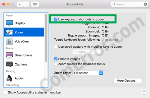 วิธีตั้งค่าคีย์ลัดปุ่ม zoom บน Mac OS X โดยไม่ต้องลงโปรแกรมเพิ่ม