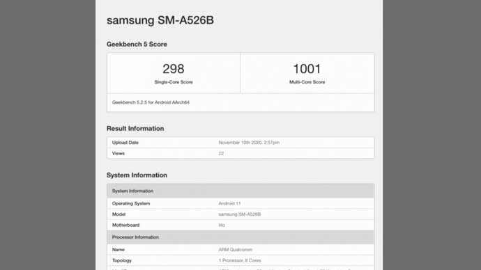 Samsung Galaxy A52 (5G) โผล่ทดสอบประสิทธิภาพบน Geekbench มาพร้อมชิปเซ็ต Snapdragon 750G